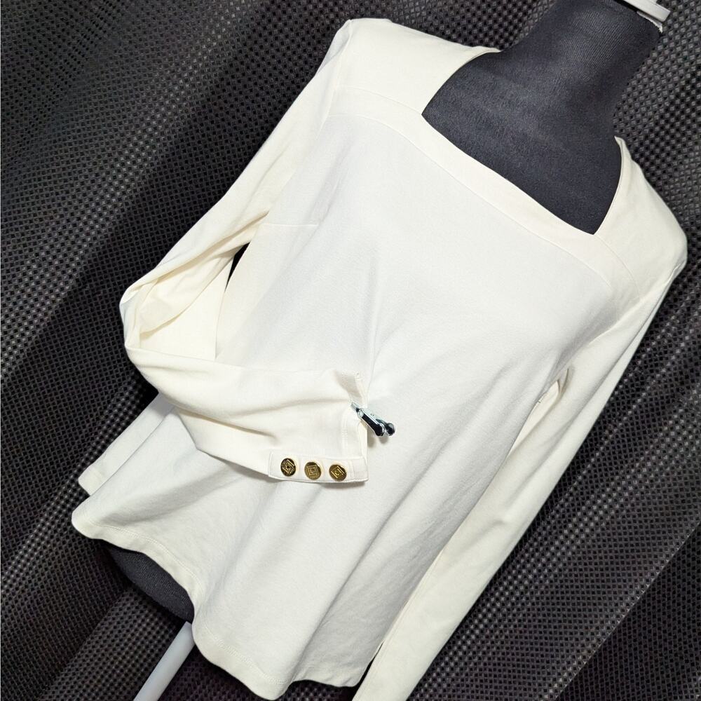 NWOT! LIZ CLAIBORNE! CREAM SQUARE NECK STRETCH, LONG SLEEVE DRESSY TEE! SZ PL